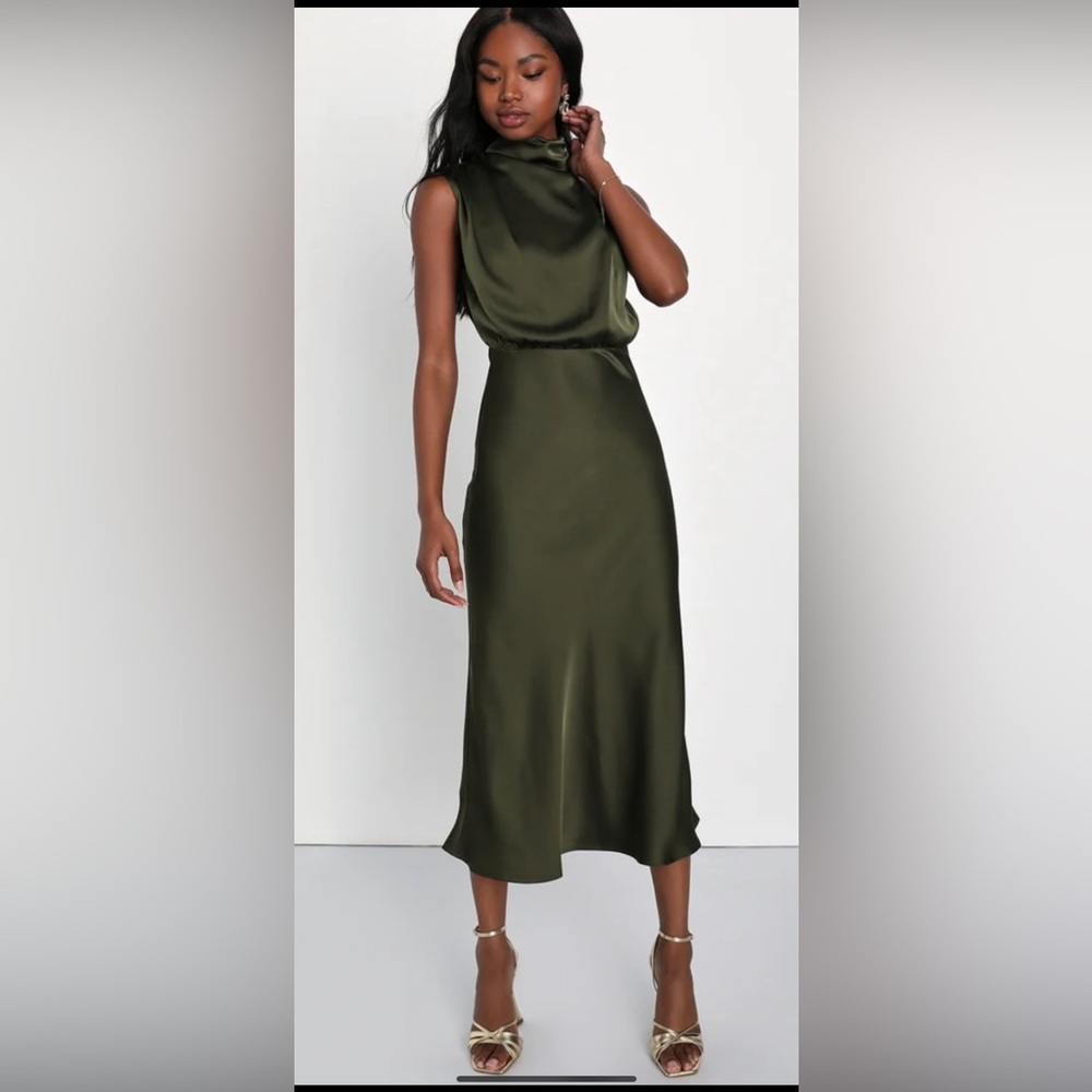 Lulus Distinctive Charm Olive Green Satin Asymmetrical Midi Dresss. NEW! Medium